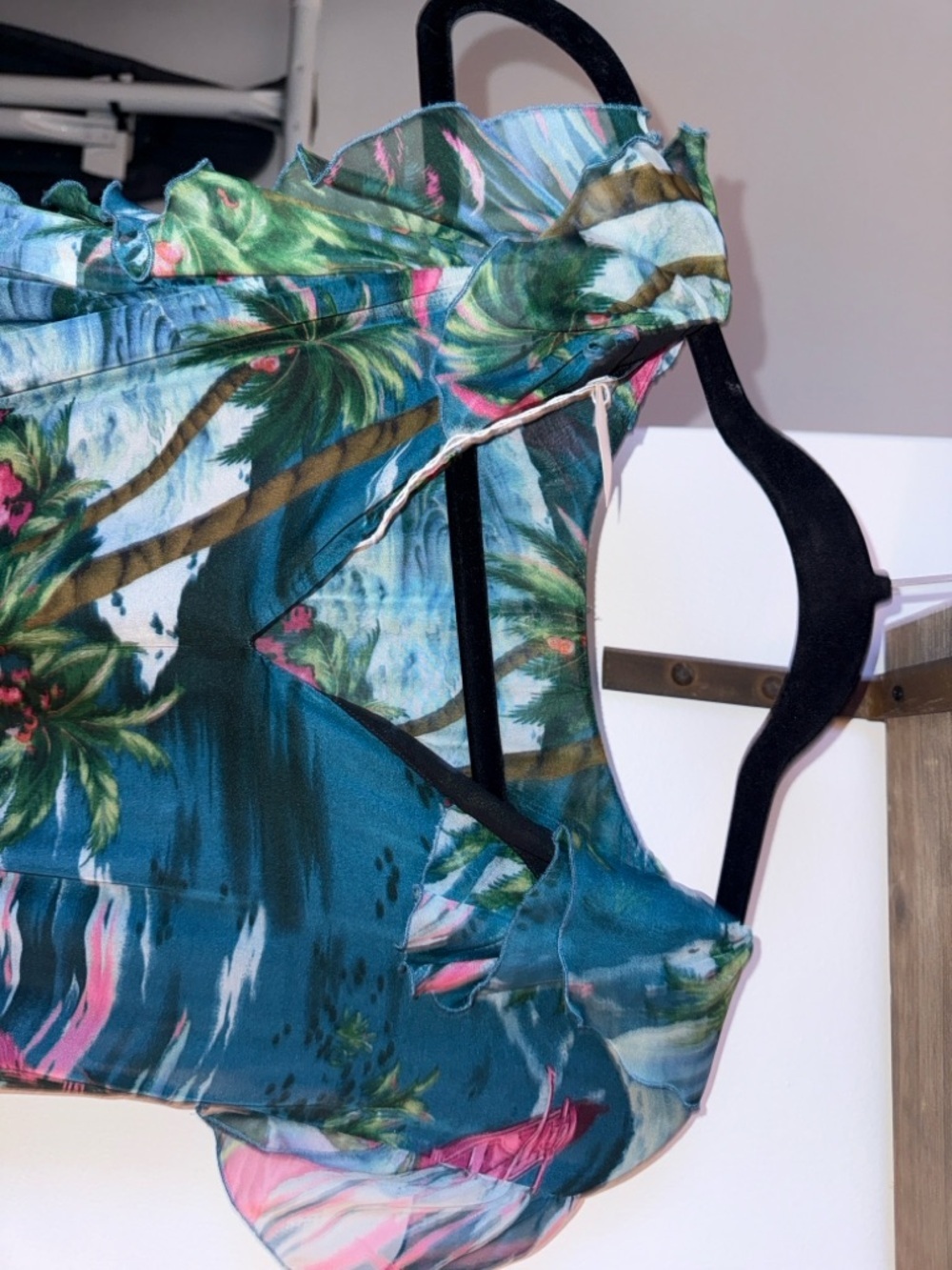 MSGM Teal Tropical Ruffle Midi Dress with Pink Accents - Picture 3 of 14